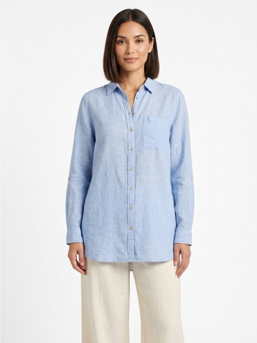 C&C California Button Down Shirt Roll Tab Linen Light Blue Medium
